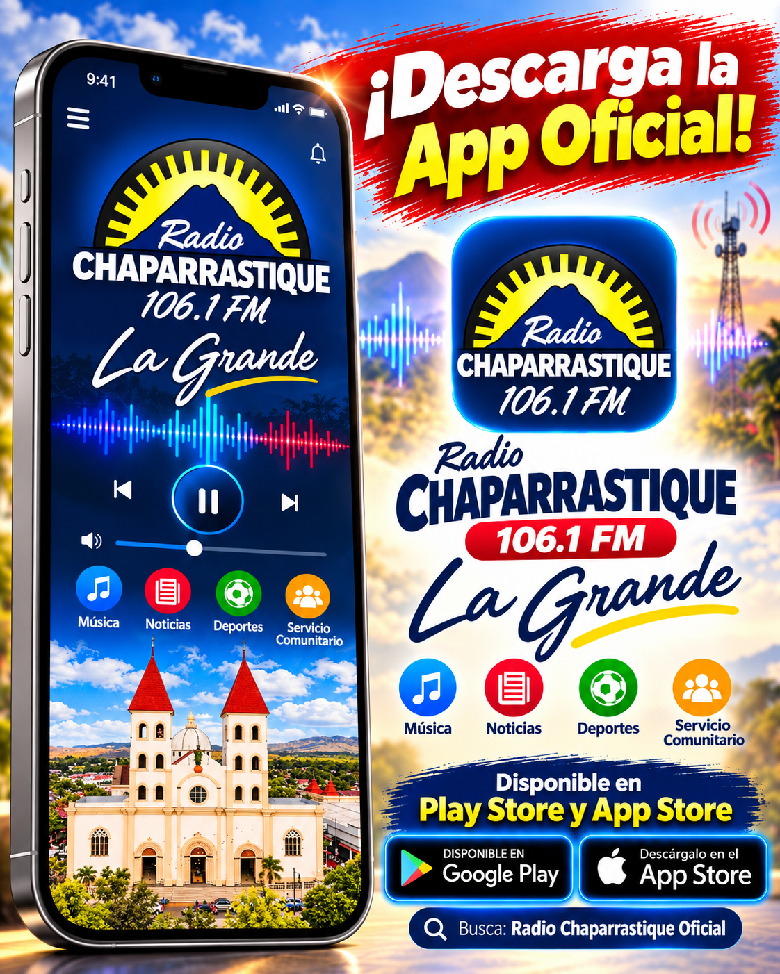 Descargá la app oficial de Radio Chaparrastique 106.1 FM, La Grande. Disponible en Play Store y App Store; buscá Radio Chaparrastique Oficial.
